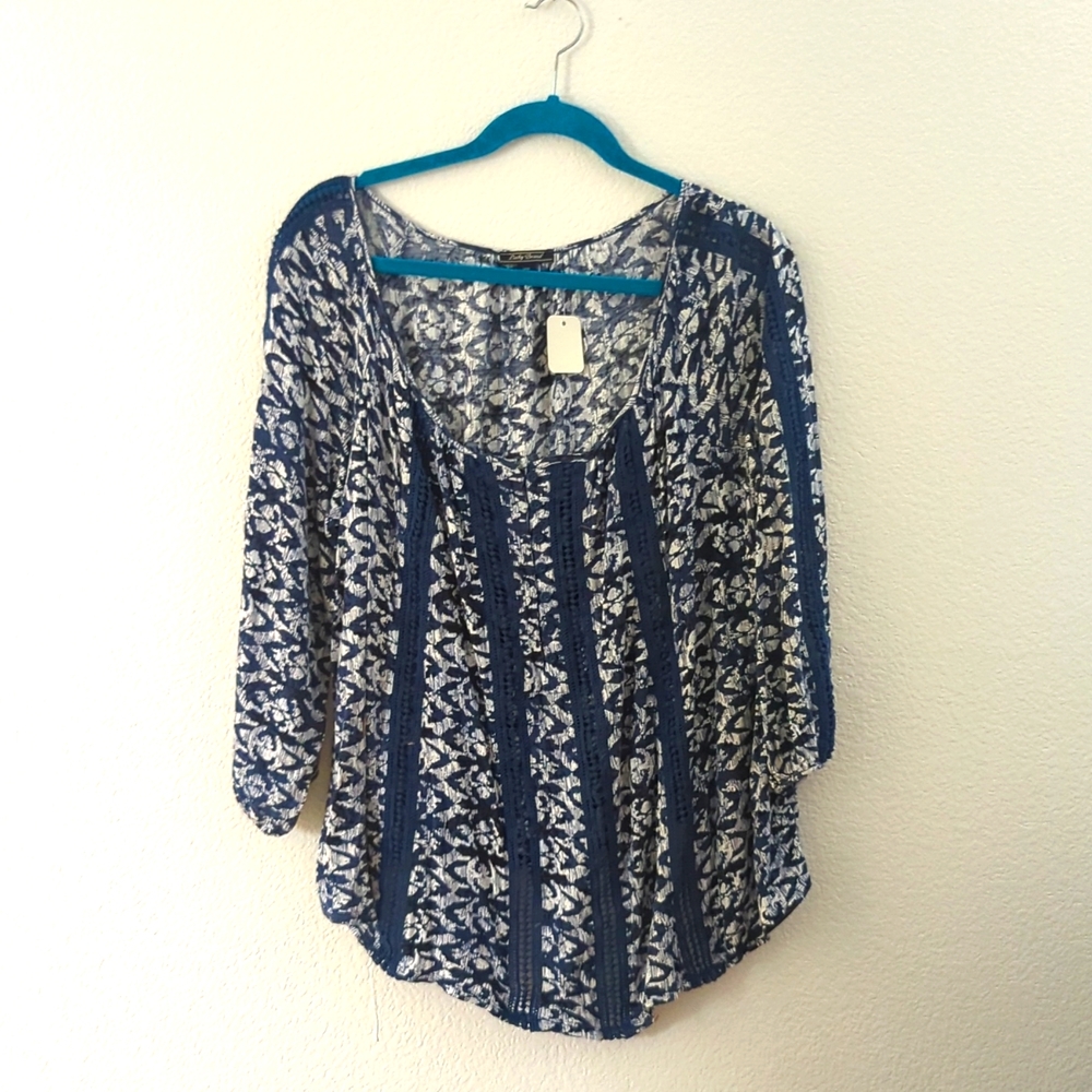 Lucky Brand Flowy Crochet Boho Top xs Blue festival Western cowboy cowgirl s m